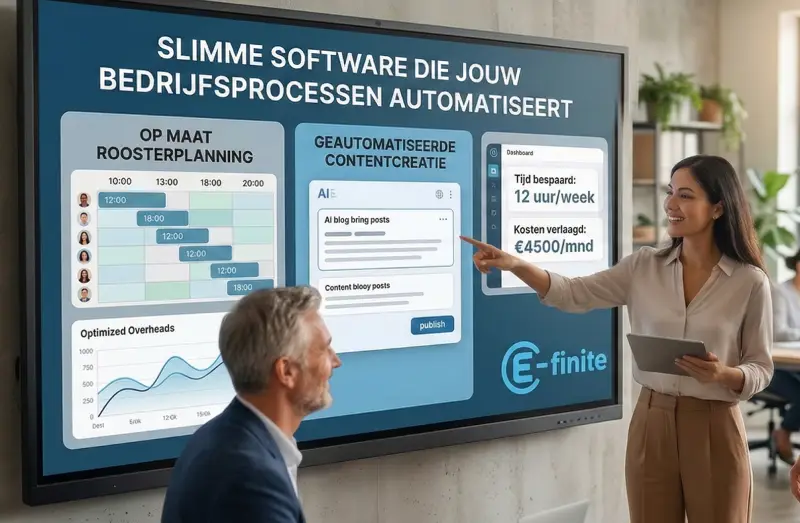 Een vrouw geeft een presentatie aan een man over de E-finite software op een groot scherm. Het scherm toont dashboards voor roosterplanning, contentcreatie en statistieken over bespaarde tijd en kosten.